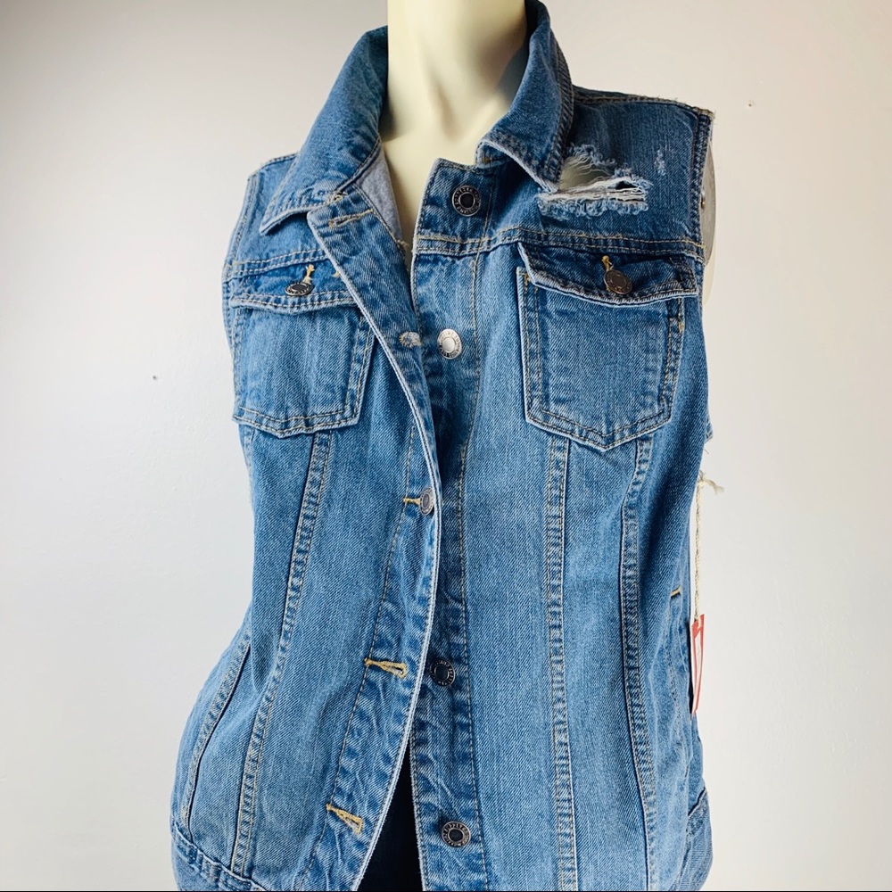 Mossimo Supply Co distressed denim button vest.